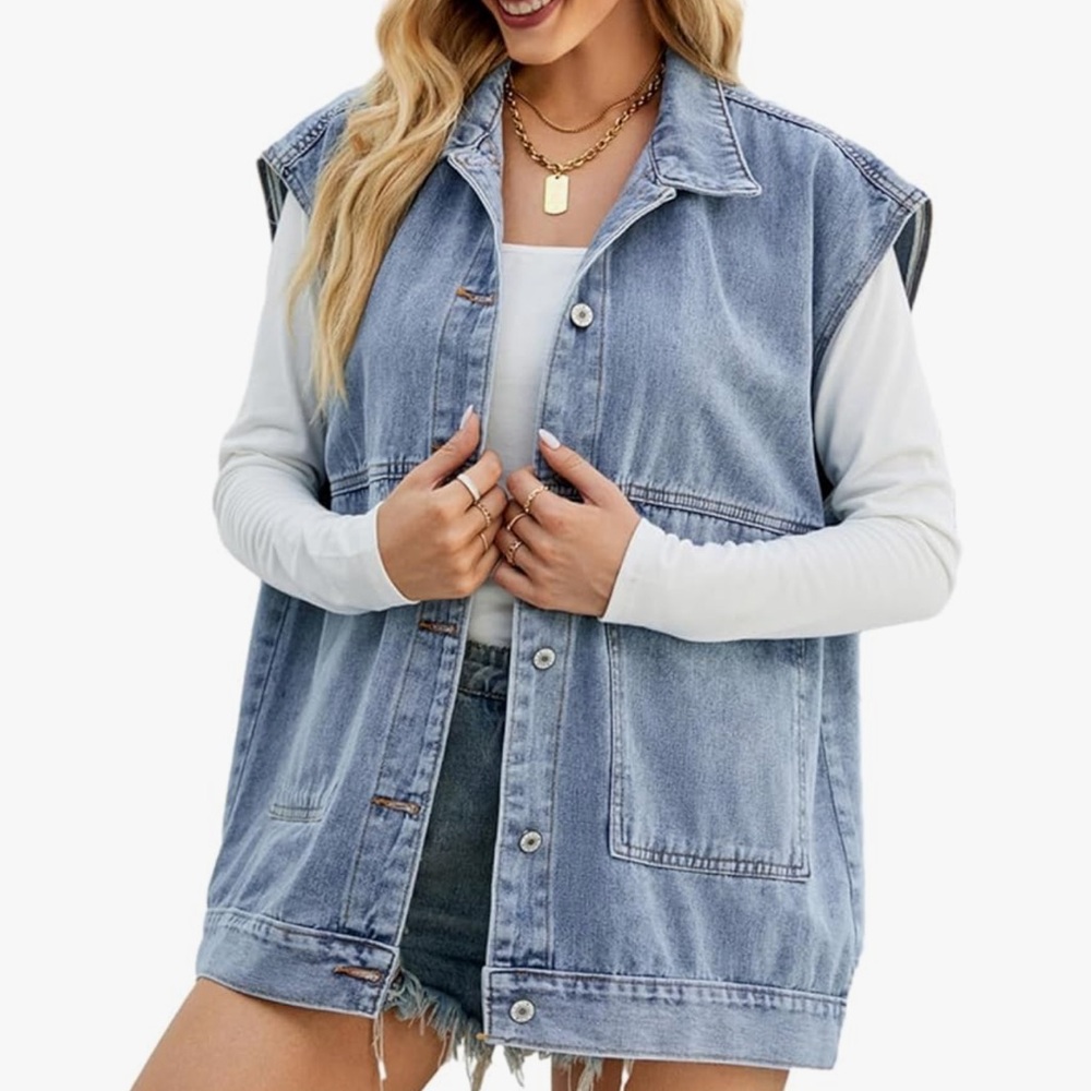 Trendy Oversized Blue Denim Vest